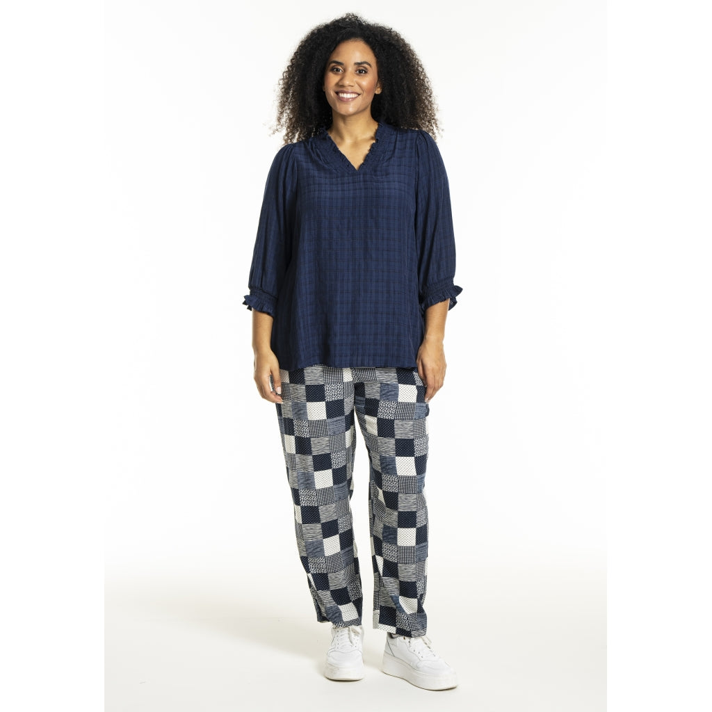 Studio SChristine Trousers WITHOUT elastic in legs Trousers Navy-white checks with print