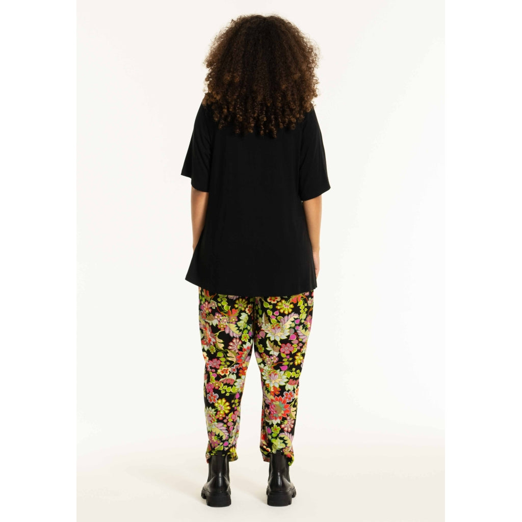 Studio SChristine Trousers WITHOUT elastic in legs Trousers Black with lime flowers