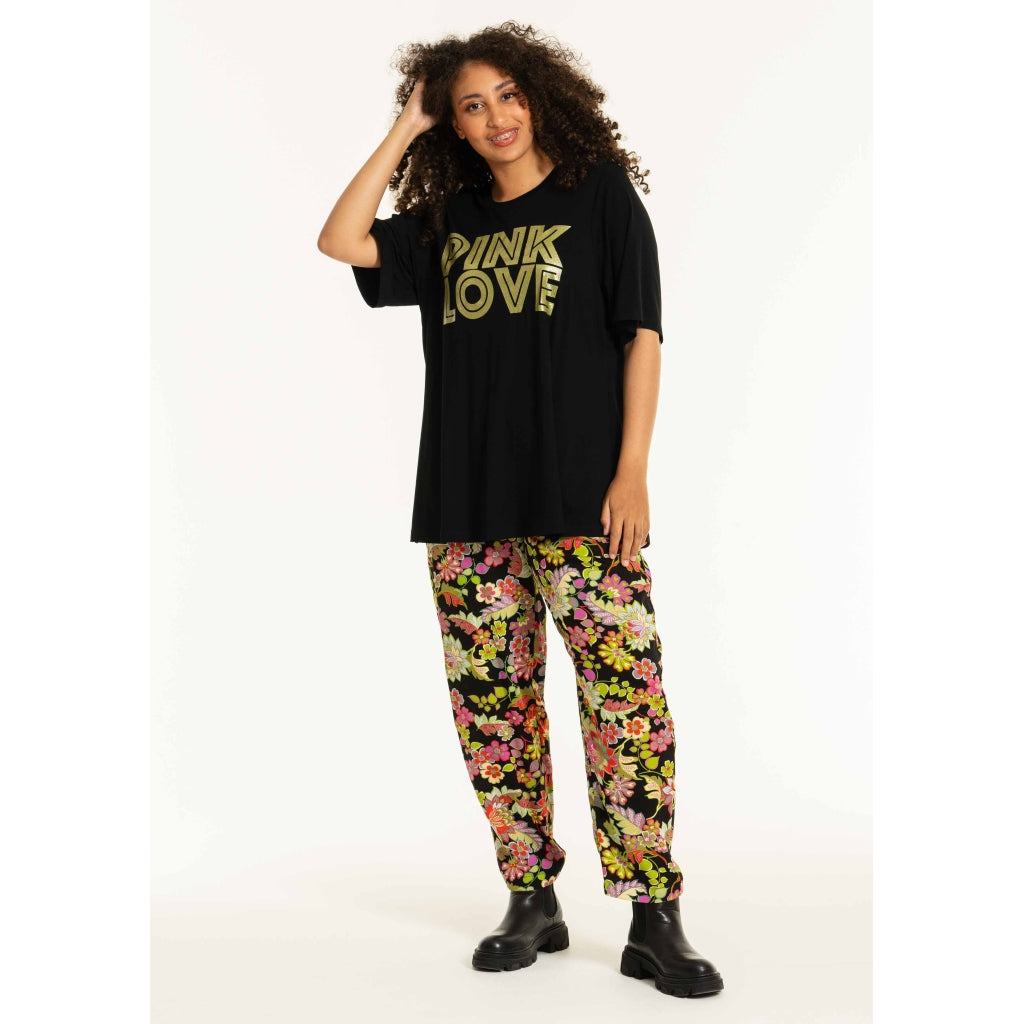 Studio SChristine Trousers WITHOUT elastic in legs Trousers Black with lime flowers