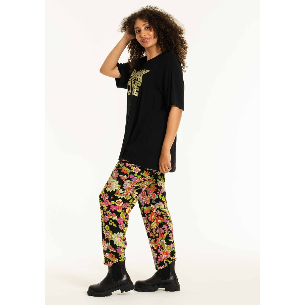 Studio SChristine Trousers WITHOUT elastic in legs Trousers Black with lime flowers