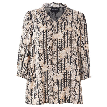 Studio SFeodora Blouse with smock neck Blouse Black with sand flowers and gold stripe