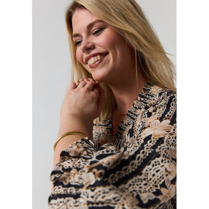 Studio SFeodora Blouse with smock neck Blouse Black with sand flowers and gold stripe