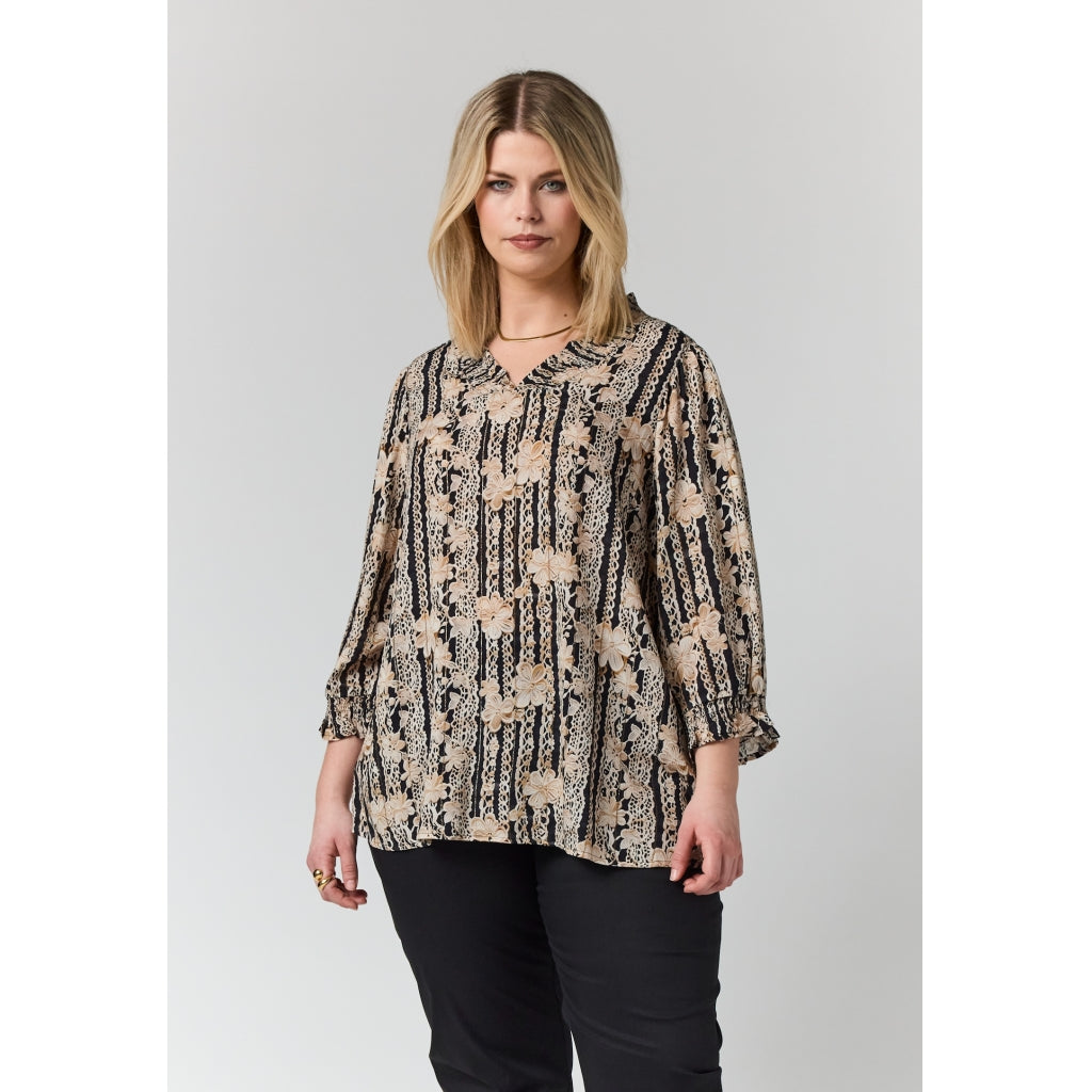 Studio SFeodora Blouse with smock neck Blouse Black with sand flowers and gold stripe