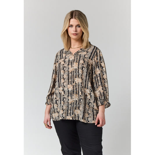 Studio SFeodora Blouse with smock neck Blouse Black with sand flowers and gold stripe